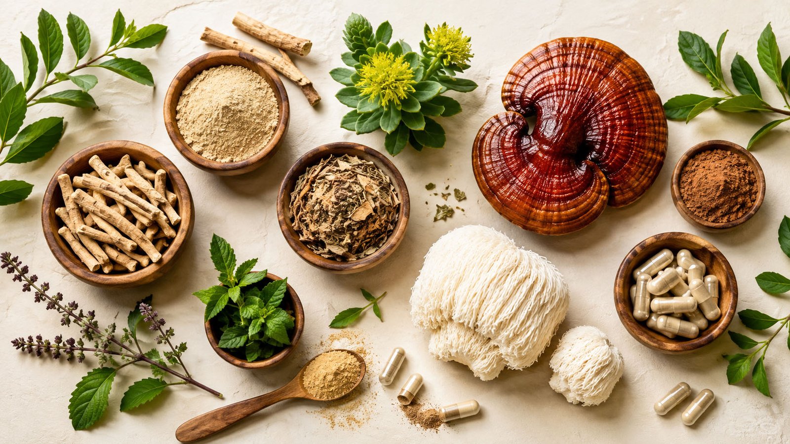 Ashwagandha, reishi y maca utilizados como adaptógenos